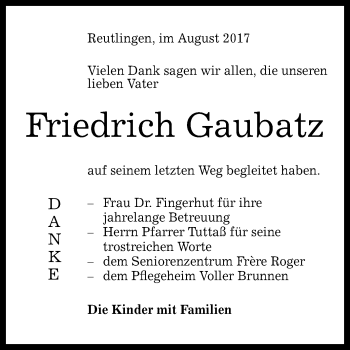 Anzeige von Friedrich Gaubatz von Reutlinger General-Anzeiger