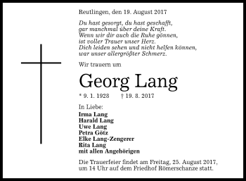 Anzeige von Georg Lang von Reutlinger General-Anzeiger