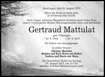 Anzeige von Gertraud Mattulat von Reutlinger General-Anzeiger