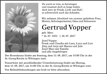 Anzeige von Gertrud Vopper von Reutlinger General-Anzeiger