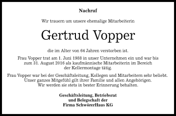 Anzeige von Gertrud Vopper von Reutlinger General-Anzeiger