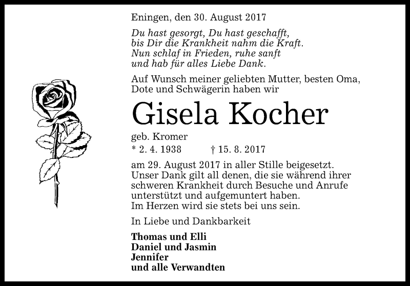  Traueranzeige für Gisela Kocher vom 30.08.2017 aus Reutlinger General-Anzeiger