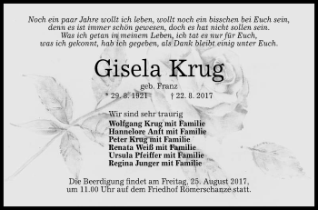 Anzeige von Gisela Krug von Reutlinger General-Anzeiger