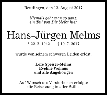 Anzeige von Hans-Jürgen Melms von Reutlinger General-Anzeiger