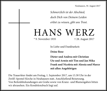 Anzeige von Hans Werz von Reutlinger General-Anzeiger