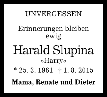 Anzeige von Harald Slupina von Reutlinger General-Anzeiger