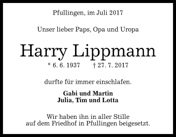 Anzeige von Harry Lippmann von Reutlinger General-Anzeiger