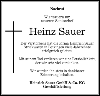 Anzeige von Heinz Sauer von Reutlinger General-Anzeiger