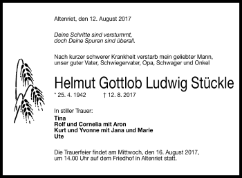 Anzeige von Helmut Gottlob Ludwig Stückle von Reutlinger General-Anzeiger