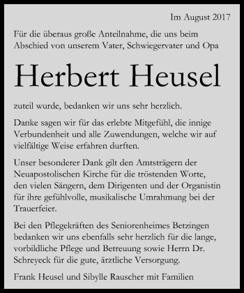 Anzeige von Herbert Heusel von Reutlinger General-Anzeiger