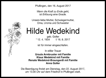 Anzeige von Hilde Wedekind von Reutlinger General-Anzeiger