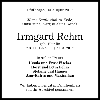 Anzeige von Irmgard Rehm von Reutlinger General-Anzeiger