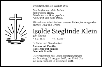 Anzeige von Isolde Sieglinde Klein von Reutlinger General-Anzeiger