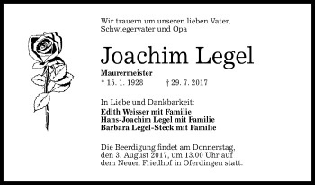 Anzeige von Joachim Legel von Reutlinger General-Anzeiger