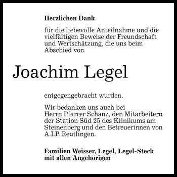 Anzeige von Joachim Legel von Reutlinger General-Anzeiger