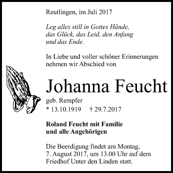 Anzeige von Johanna Feucht von Reutlinger General-Anzeiger