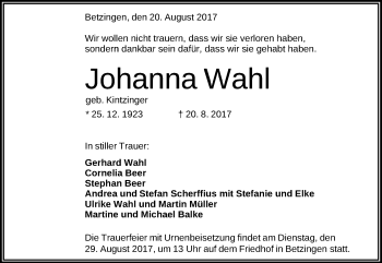 Anzeige von Johanna Wahl von Reutlinger General-Anzeiger