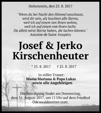 Anzeige von Josef und Jerko Kirschenheuter von Reutlinger General-Anzeiger