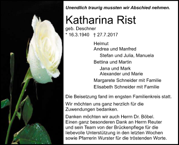 Anzeige von Katharina Rist von Reutlinger General-Anzeiger