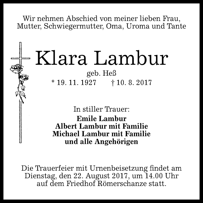  Traueranzeige für Klara Lambur vom 17.08.2017 aus Reutlinger General-Anzeiger