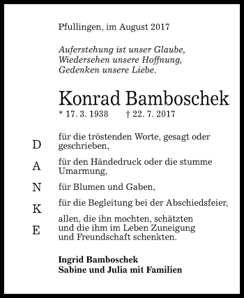 Anzeige von Konrad Bamboschek von Reutlinger General-Anzeiger