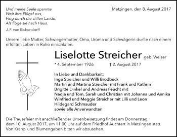 Anzeige von Liselotte Streicher von Reutlinger General-Anzeiger