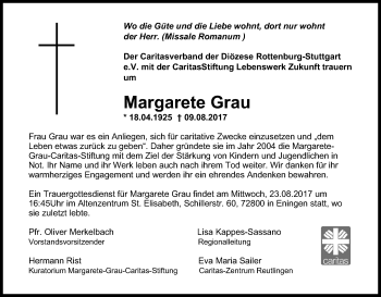 Anzeige von Margarete Grau von Reutlinger General-Anzeiger