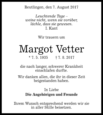 Anzeige von Margot Vetter von Reutlinger General-Anzeiger