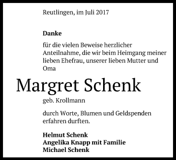 Anzeige von Margret Schenk von Reutlinger General-Anzeiger