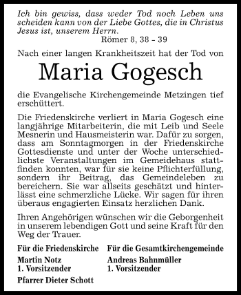Anzeige von Maria Gogesch von Reutlinger General-Anzeiger