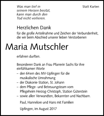 Anzeige von Maria Mutschler von Reutlinger General-Anzeiger