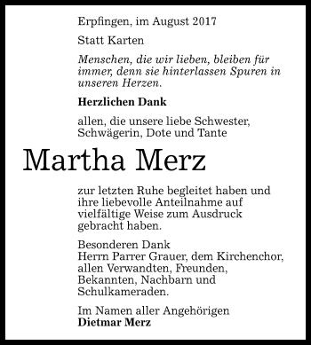 Anzeige von Martha Merz von Reutlinger General-Anzeiger