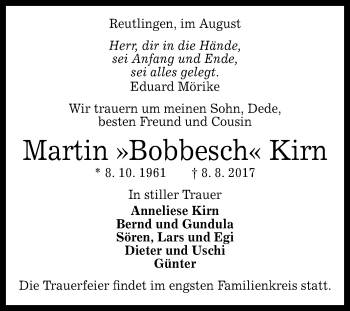 Anzeige von Martin Kirn von Reutlinger General-Anzeiger