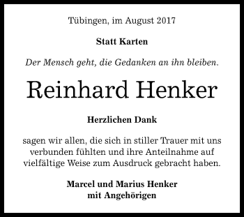 Anzeige von Reinhard Henker von Reutlinger General-Anzeiger