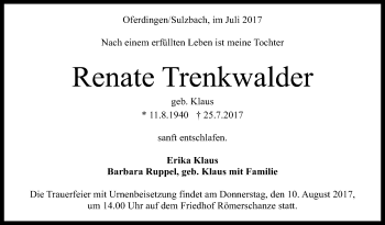 Anzeige von Renate Trenkwalder von Reutlinger General-Anzeiger