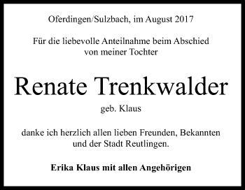 Anzeige von Renate Trenkwalder von Reutlinger General-Anzeiger