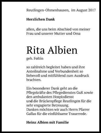 Anzeige von Rita Albien von Reutlinger General-Anzeiger