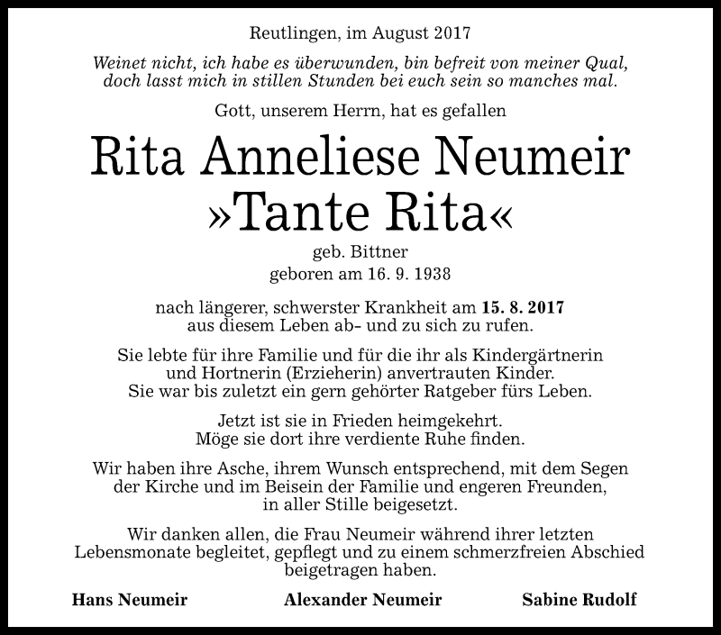  Traueranzeige für Rita Anneliese Neumeir vom 30.08.2017 aus Reutlinger General-Anzeiger