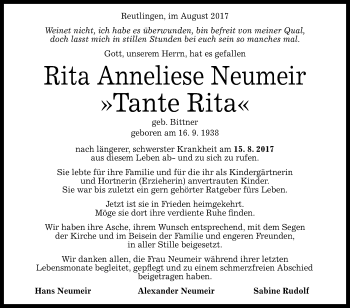 Anzeige von Rita Anneliese Neumeir von Reutlinger General-Anzeiger