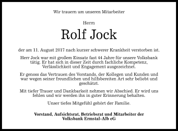 Anzeige von Rolf Jock von Reutlinger General-Anzeiger