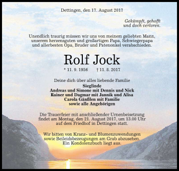 Anzeige von Rolf Jock von Reutlinger General-Anzeiger