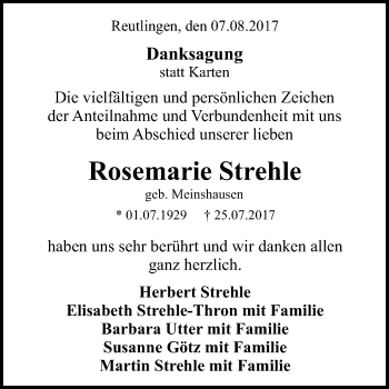Anzeige von Rosemarie Strehle von Reutlinger General-Anzeiger