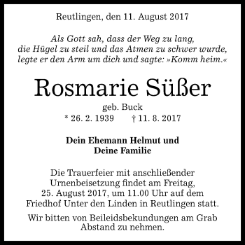 Anzeige von Rosmarie Süßer von Reutlinger General-Anzeiger