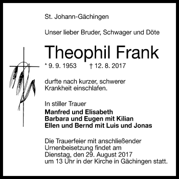 Anzeige von Theophil Frank von Reutlinger General-Anzeiger