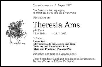 Anzeige von Theresia Ams von Reutlinger General-Anzeiger