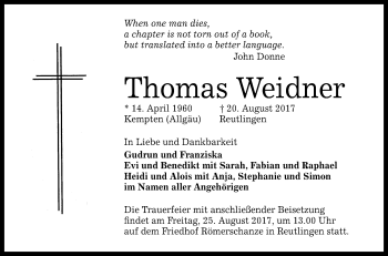 Anzeige von Thomas Weidner von Reutlinger General-Anzeiger
