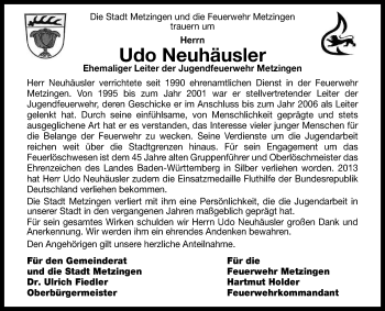 Anzeige von Udo Neuhäusler von Reutlinger General-Anzeiger