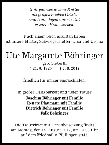 Anzeige von Ute Margarete Böhringer von Reutlinger General-Anzeiger