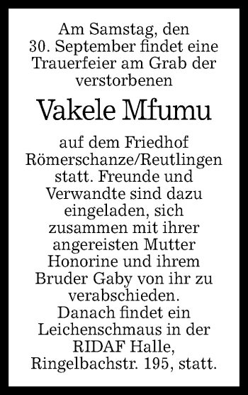Anzeige von Vakele Mfumu von Reutlinger General-Anzeiger