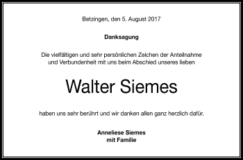 Anzeige von Walter Siemes von Reutlinger General-Anzeiger